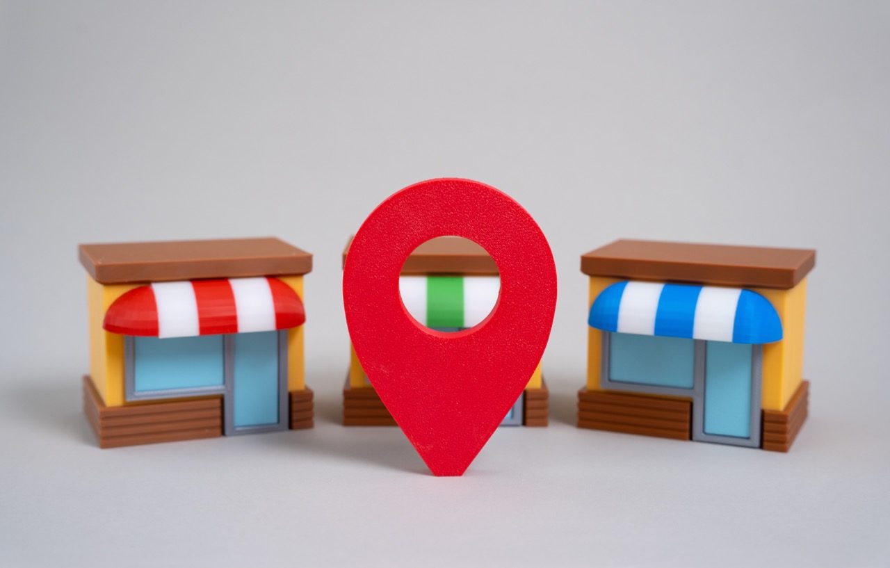 Duas lojas em miniatura ao lado de um marcador de mapa vermelho